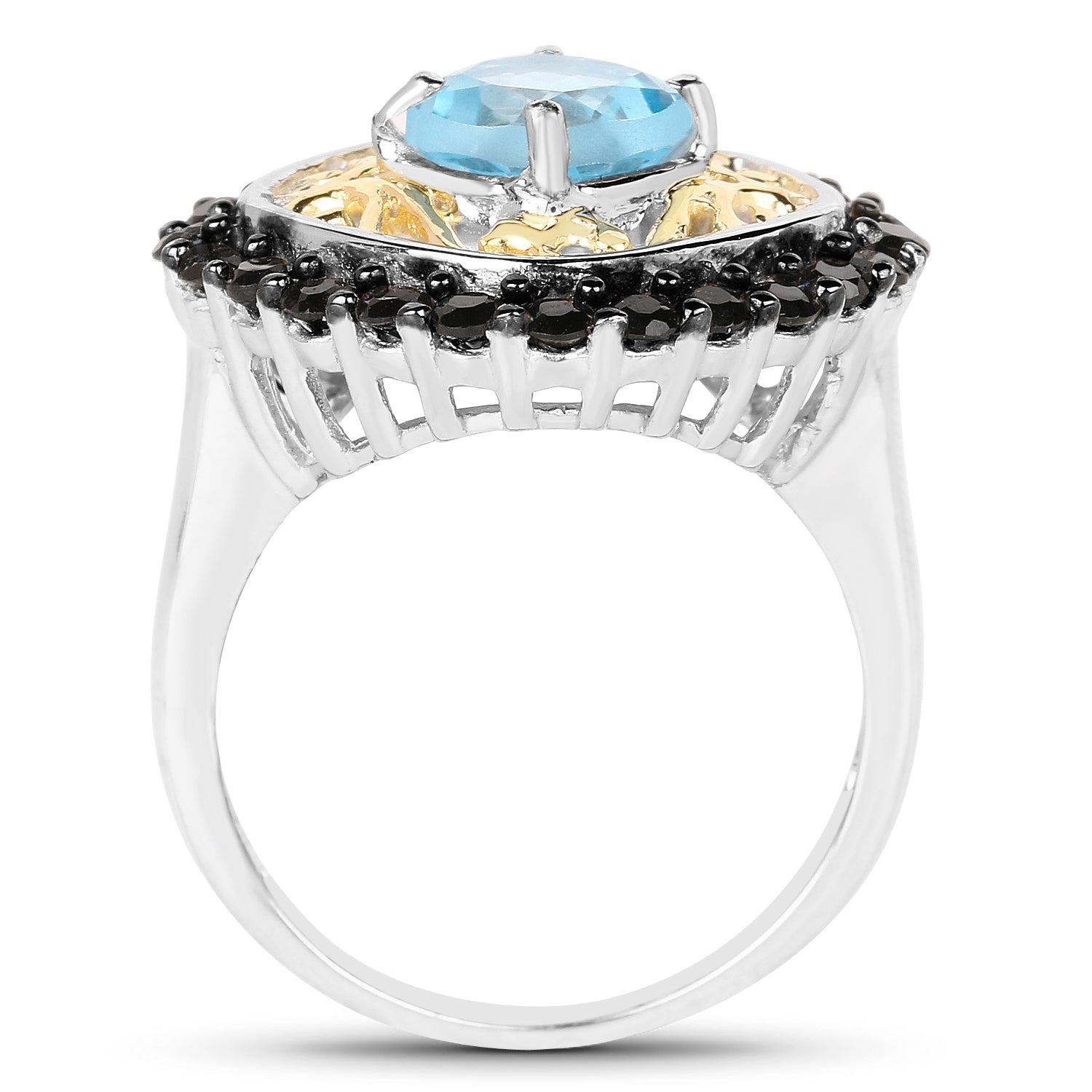 Swiss Blue Topaz Ring With Black Spinel 2.82 Carats Gold Plated Silver