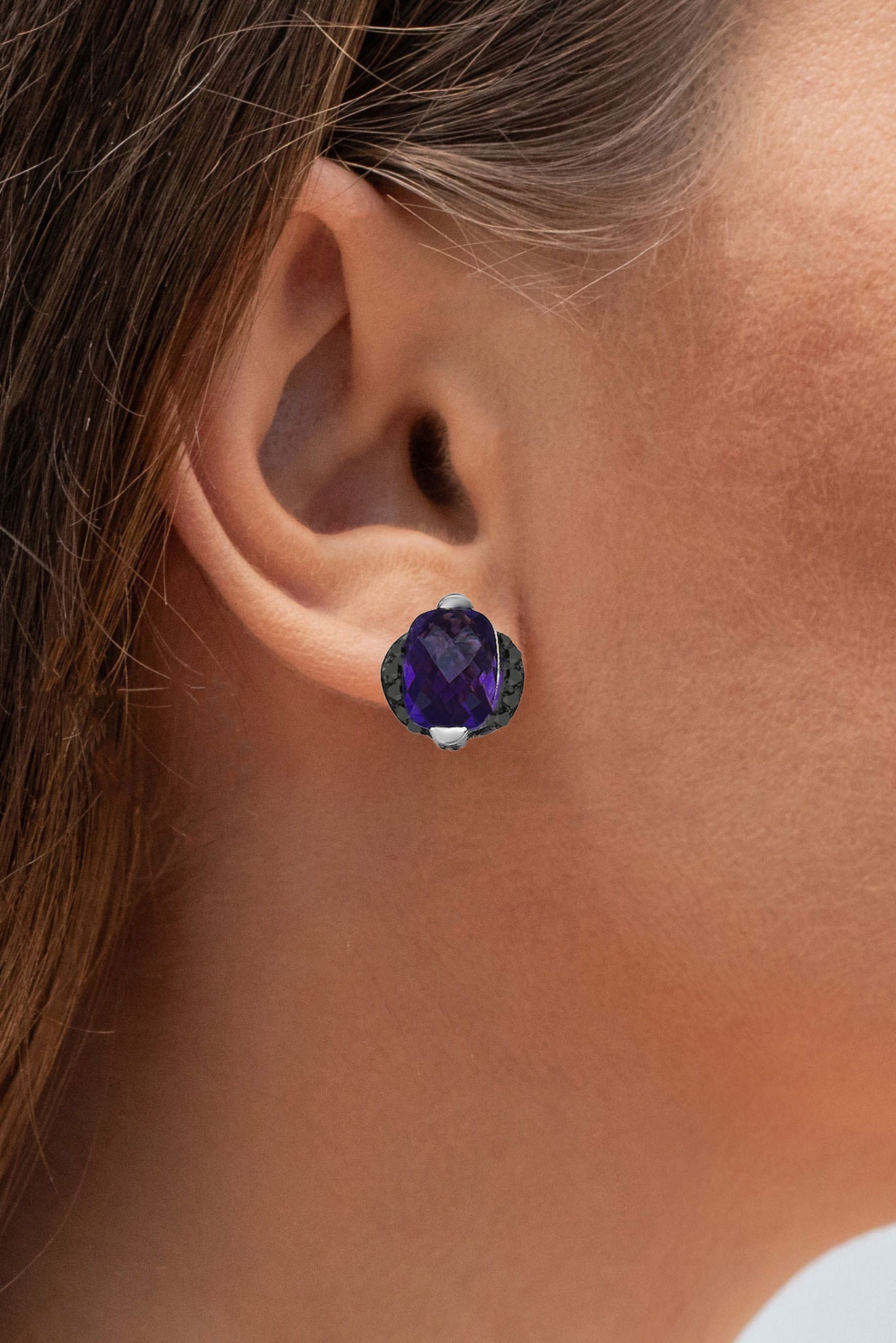 Amethyst Earrings With Black Diamond 3.1 Carats Sterling Silver