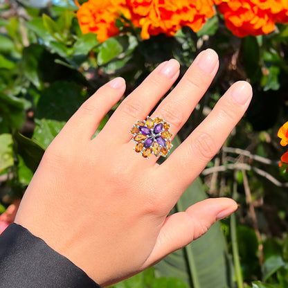 Madeira Citrine and Amethyst Cocktail Ring 8 Carats Sterling Silver