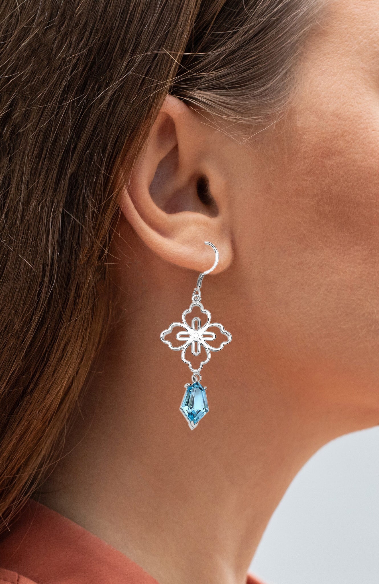Swiss Blue Topaz Dangle Earrings 12.8 Carats Rhodium Plated Silver
