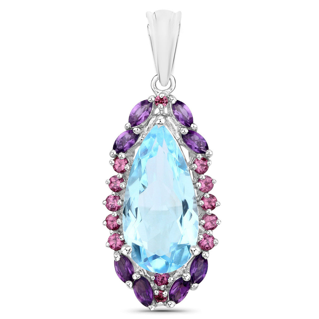 Blue Topaz Pendant With Rhodolite Garnet 7.7 Carats Sterling Silver