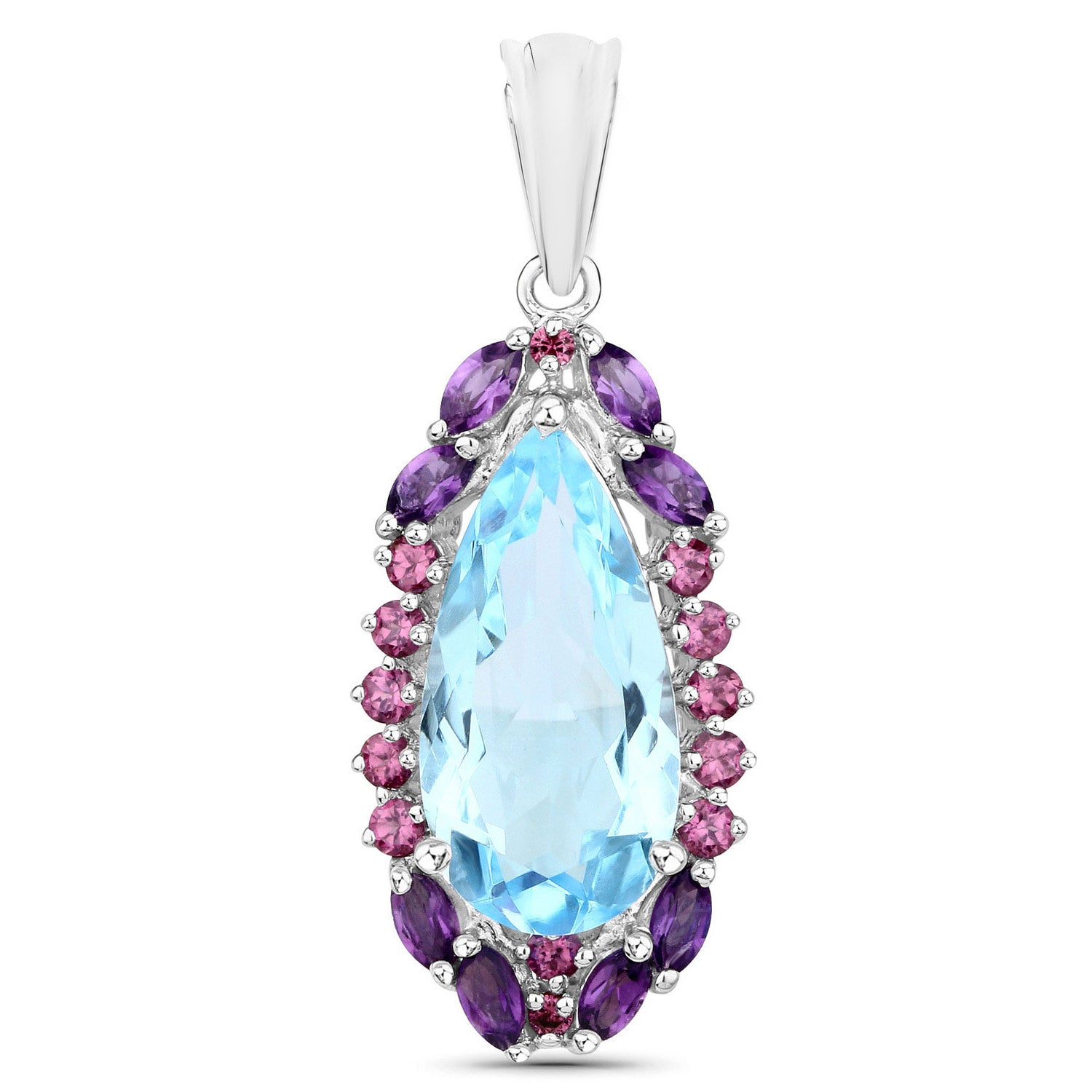 Blue Topaz Pendant With Rhodolite Garnet 7.7 Carats Sterling Silver