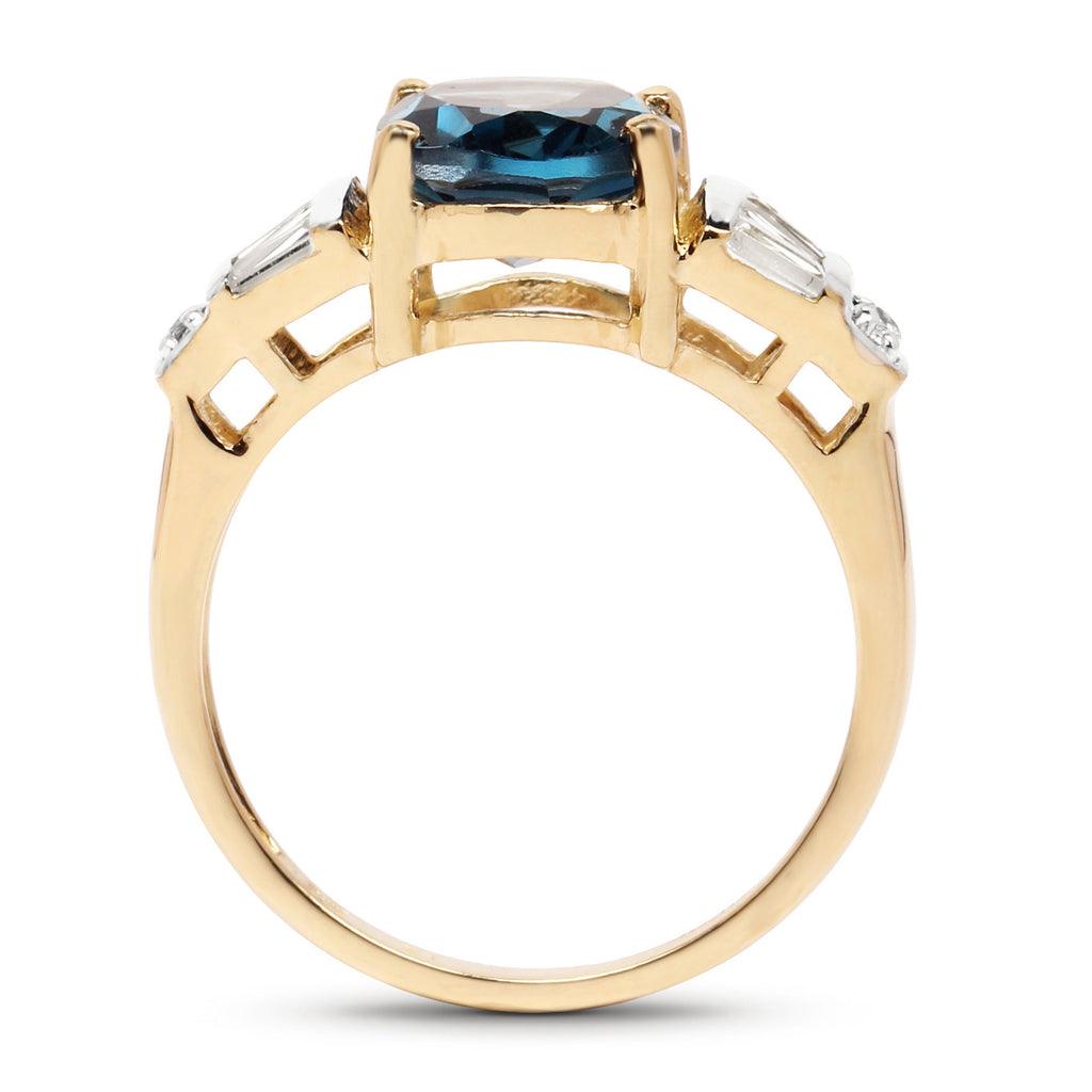 London Blue Topaz Ring With White Topaz 4.08 Carats Gold Plated Silver