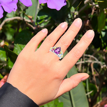 Pear Cut Amethyst Cocktail Ring Multicolor Gemstones Setting 6.30 Carats