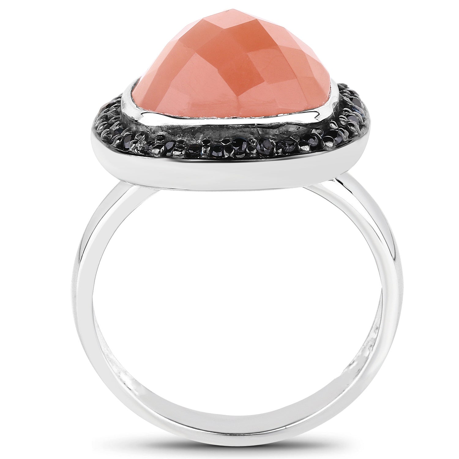 Peach Moonstone Ring With Black Spinel 6.42 Carats Sterling Silver