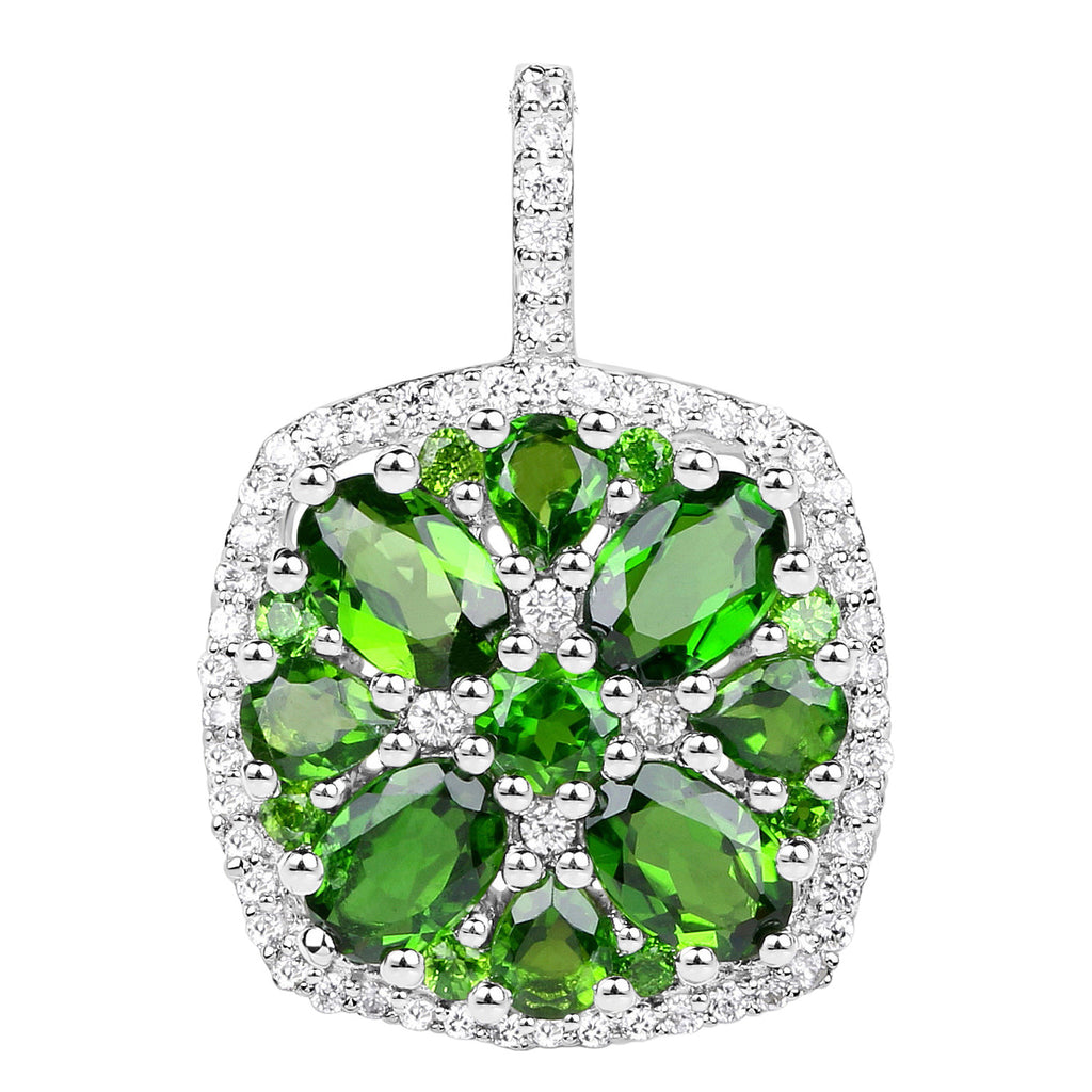 Chrome Diopside Flower Pendant White Zircon 3.12 Carats Sterling Silver