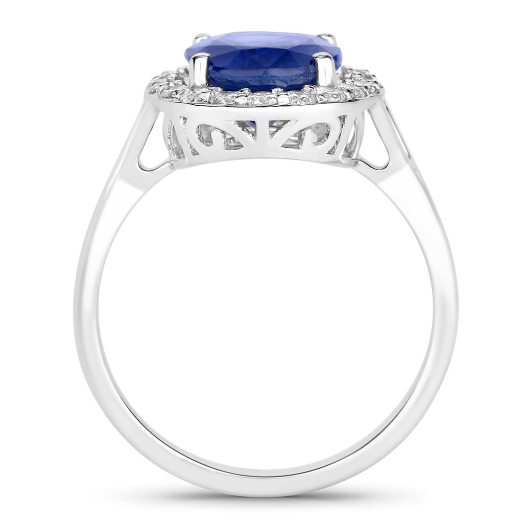 Blue Sapphire Ring With Diamonds 4.26 Carats 18K White Gold