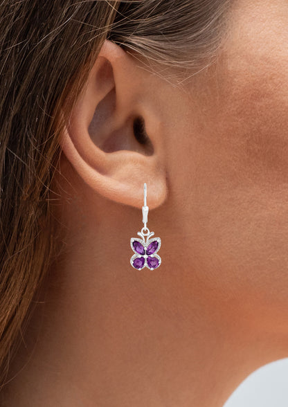 Amethyst Butterfly Earrings 2.12 Carats Rhodium Plated Sterling Silver