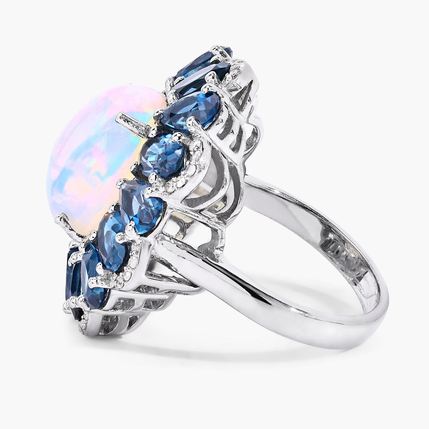 Opal Ring With London Blue Topaz 12.1 Carats Sterling Silver