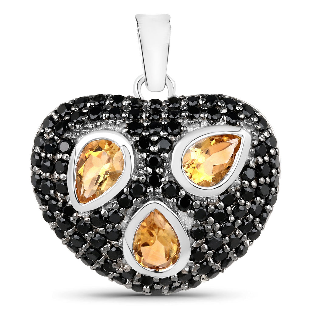 Citrine Heart Pendant With Black Spinel 3.16 Carats Sterling Silver