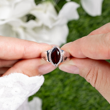 Marquise Cut Red Garnet Ring White Topaz Halo 2.07 Carats Total