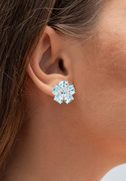 Blue Topaz Floral Earrings White Topaz 10.5 Carats 18K White Gold Plated Silver