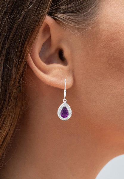 Natural Amethyst Dangle Earrings Diamond Halo  2.78 Carats