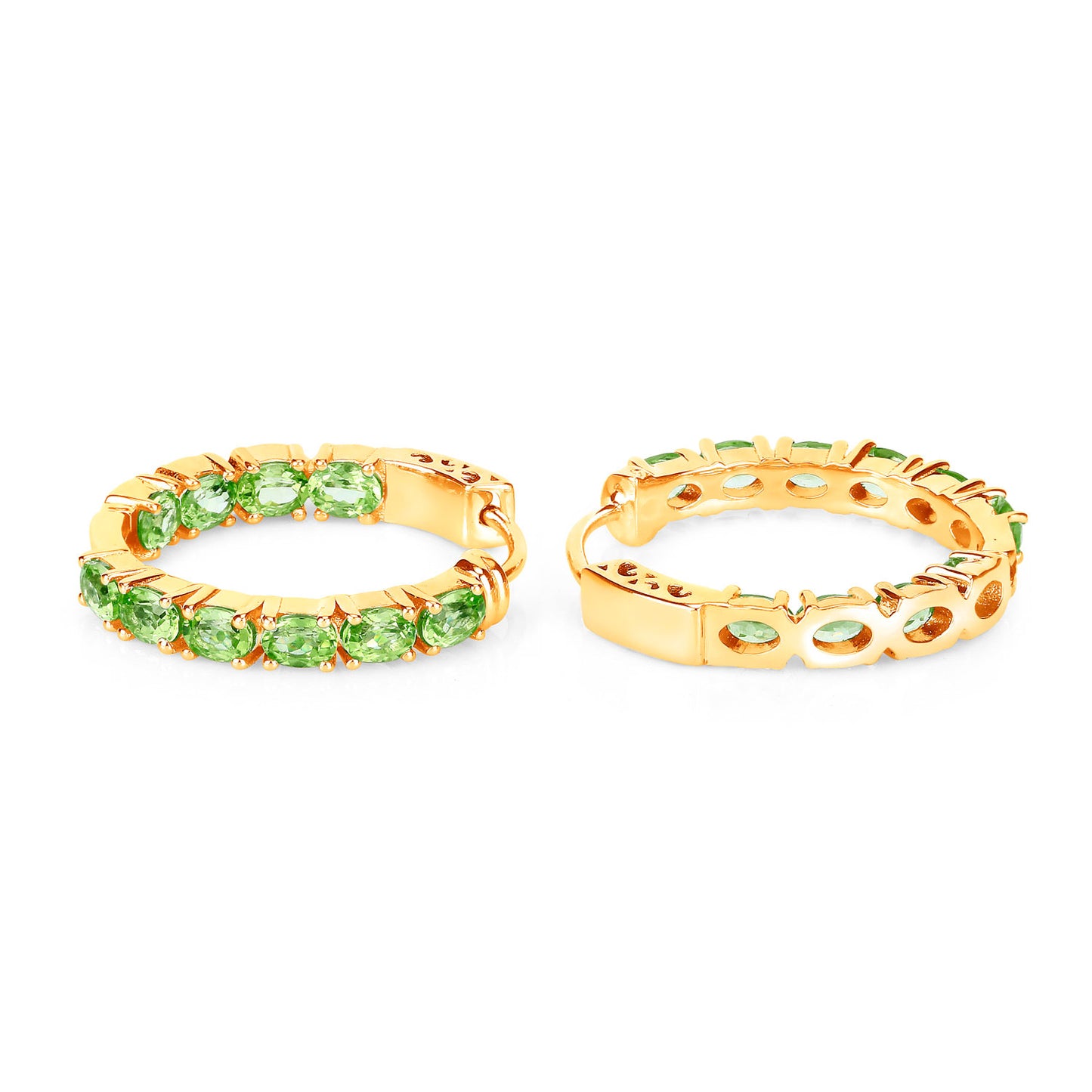 Peridot Hoop Earrings 3.38 Carats 14K Yellow Gold Plated Silver
