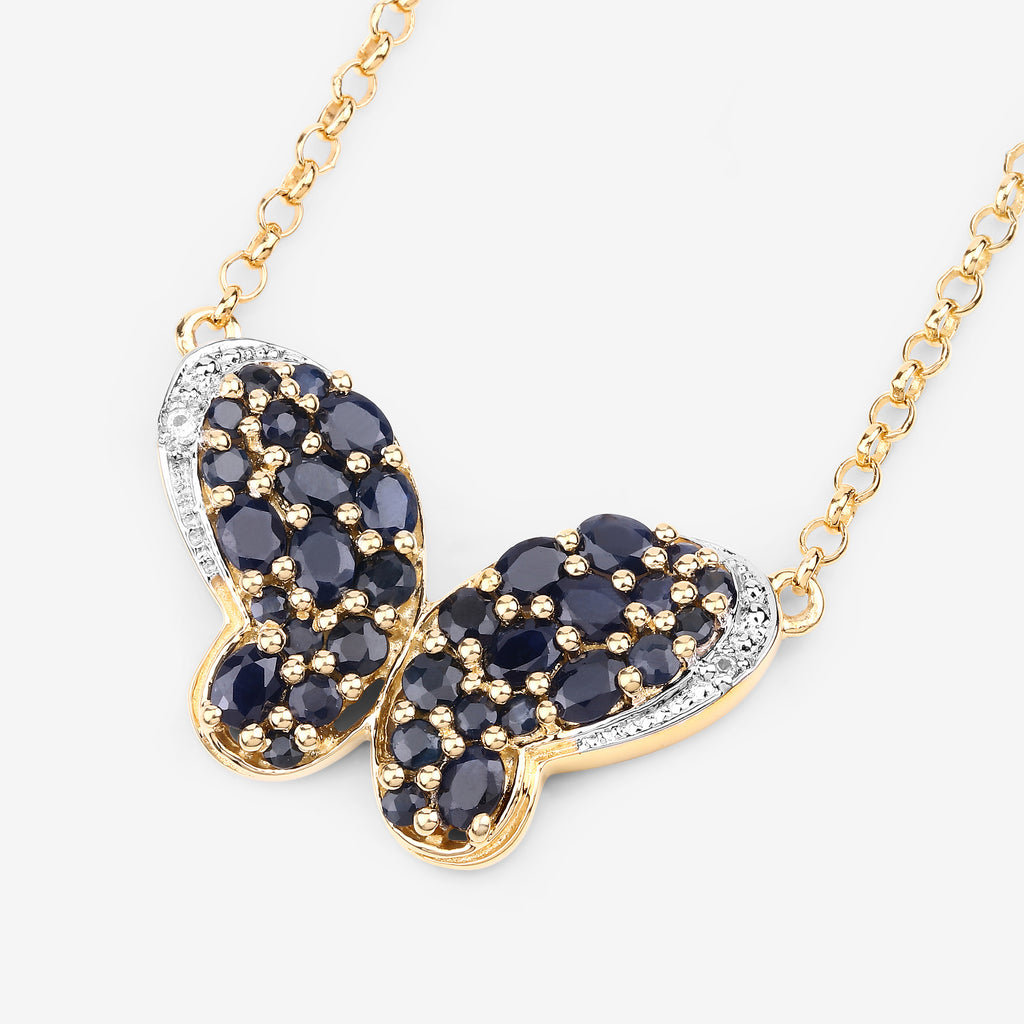 Blue Sapphire Butterfly Pendant White Zircon 3.76 Carats Gold Plated Silver