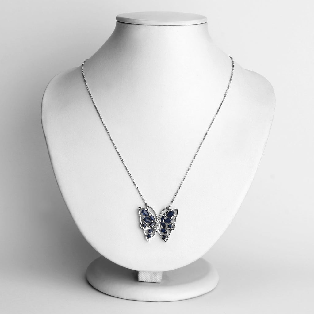 Blue Sapphire Butterfly Necklace With White Zircon 2.86 Carats Sterling Silver