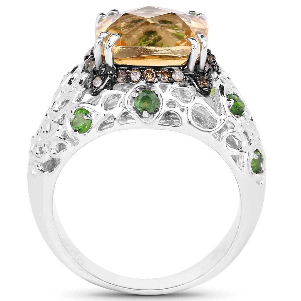 Citrine Ring Chrome Diopside and Champagne Diamonds 3.52 Carats Sterling Silver