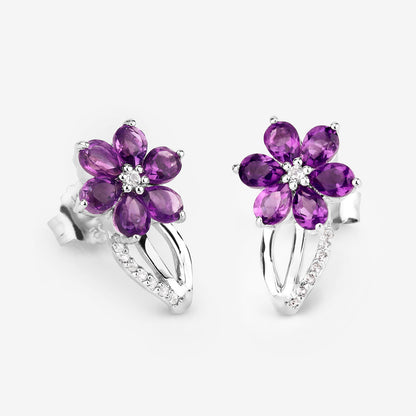 Amethyst Flower Earrings With White Topaz 1.86 Carats Sterling Silver