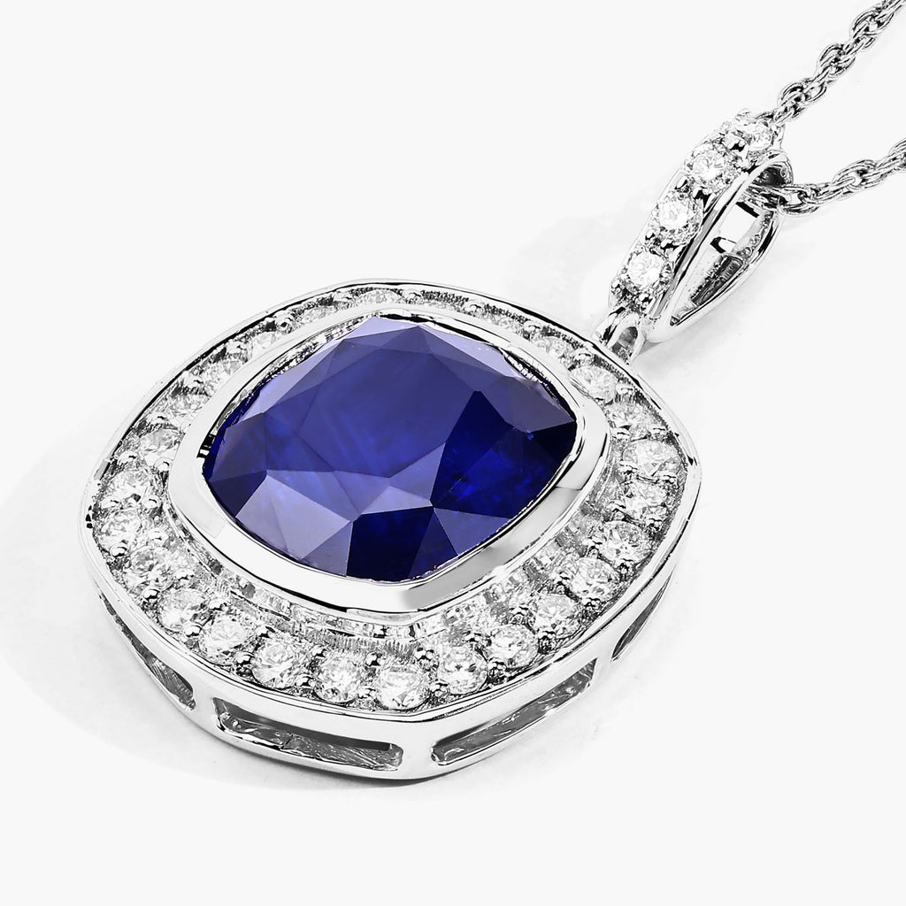 Blue Sapphire Pendant With Diamonds 2.92 Carats 18K White Gold