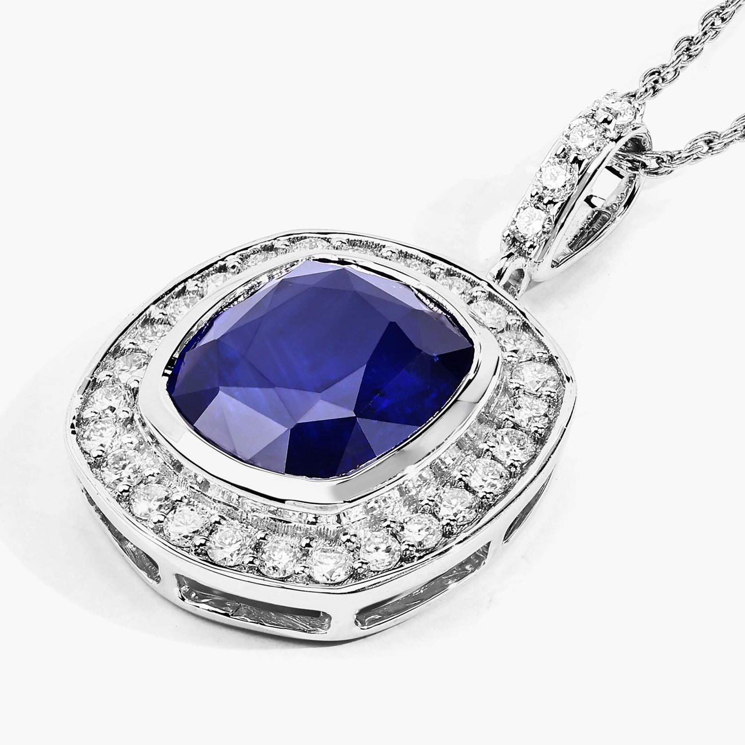 Blue Sapphire Pendant With Diamonds 2.92 Carats 18K White Gold