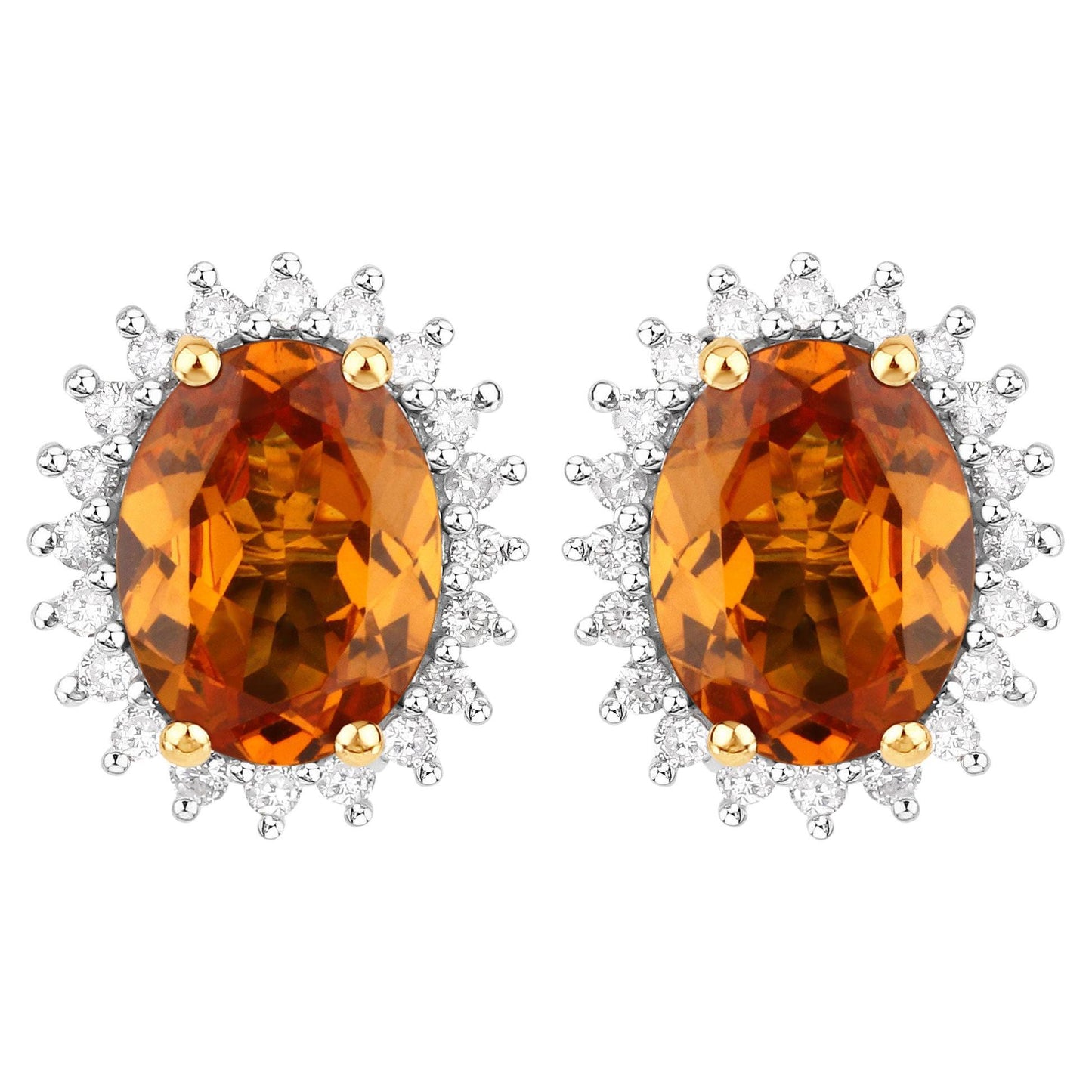 Natural Spessartine Garnet Stud Earrings Diamond Halo 14K Yellow Gold