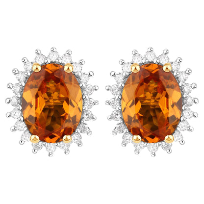 Natural Spessartine Garnet Stud Earrings Diamond Halo 14K Yellow Gold