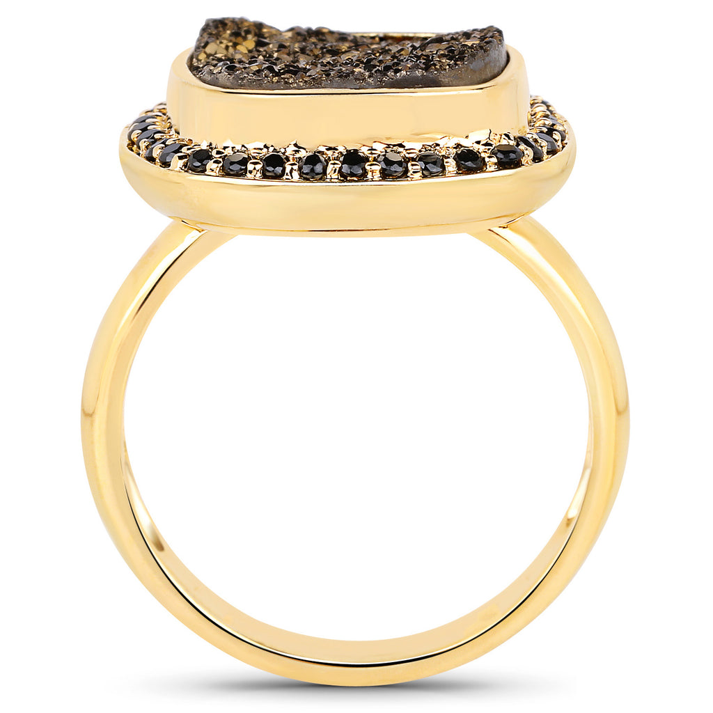 Drusy Quartz Ring With Black Spinel 6.16 Carats Gold Plated Silver