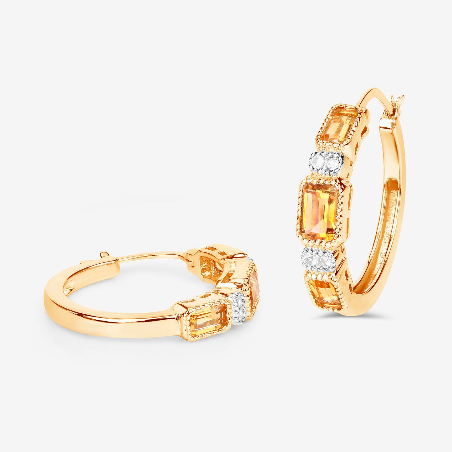 Citrine Hoop Earrings With White Topaz 2.84 Carats Gold Plated Silver