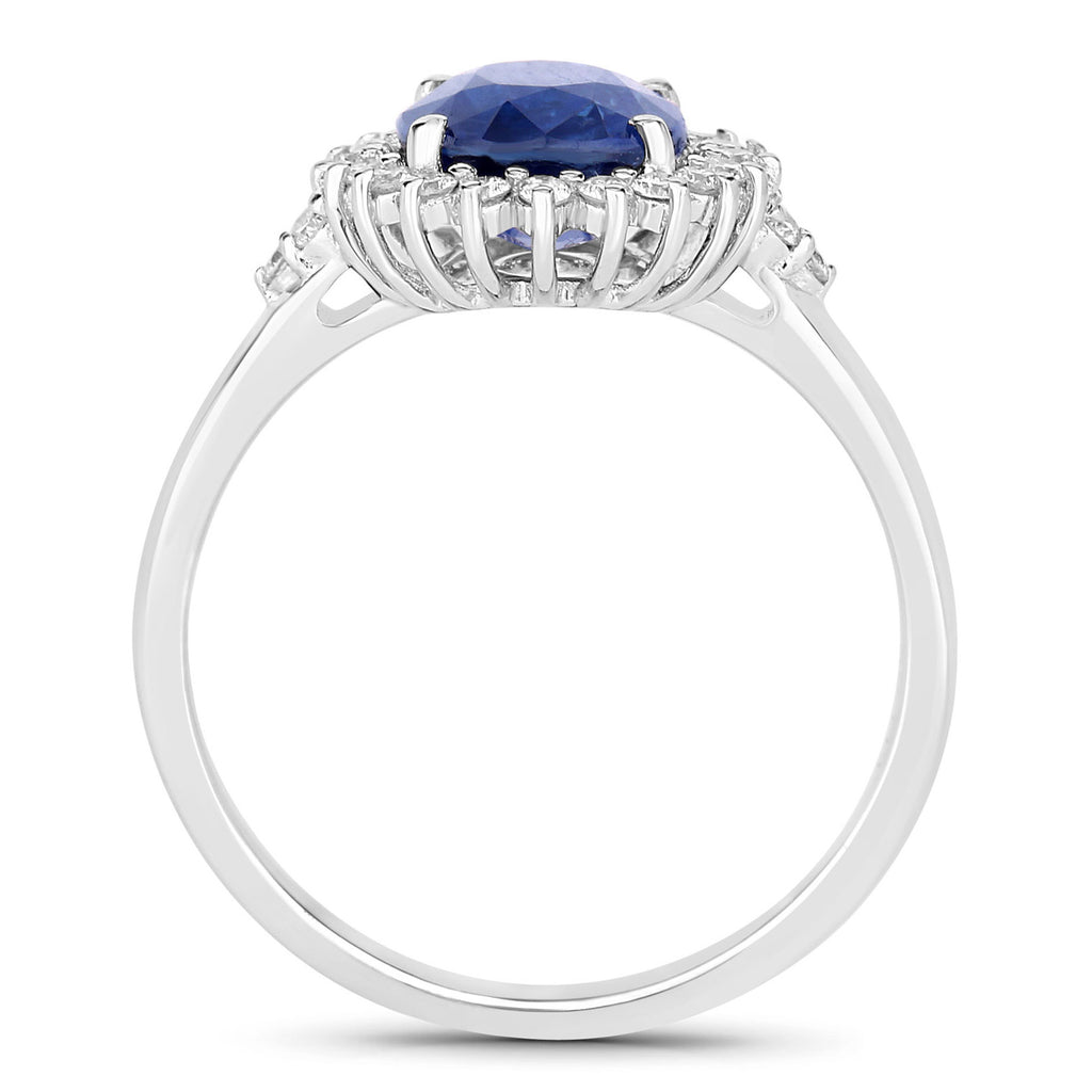 Blue Sapphire Ring With Diamonds 2.76 Carats 18K White Gold