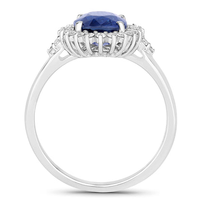 Blue Sapphire Ring With Diamonds 2.76 Carats 18K White Gold