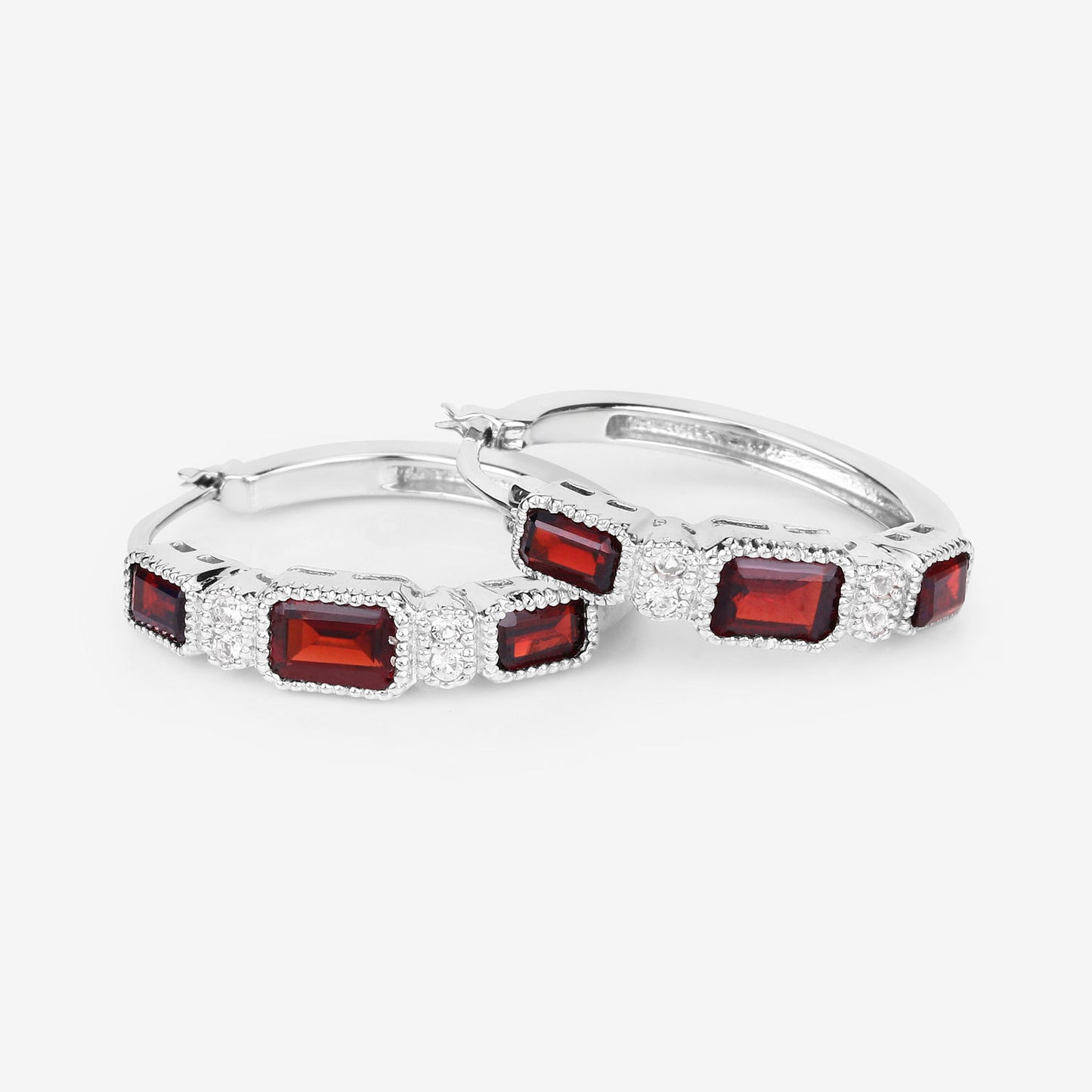 Garnet Hoop Earrings With White Topaz 2.74 Carats Sterling Silver