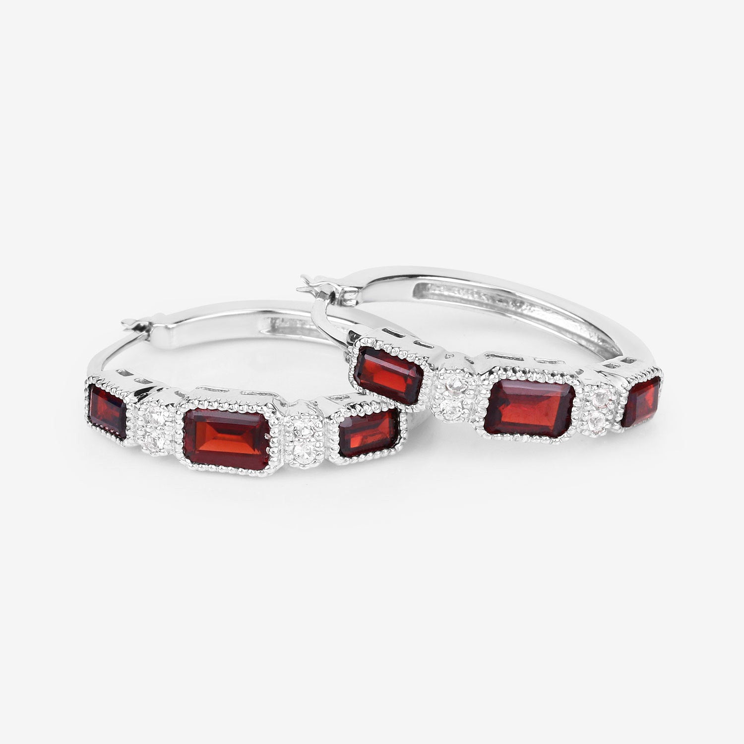 Garnet Hoop Earrings With White Topaz 2.74 Carats Sterling Silver