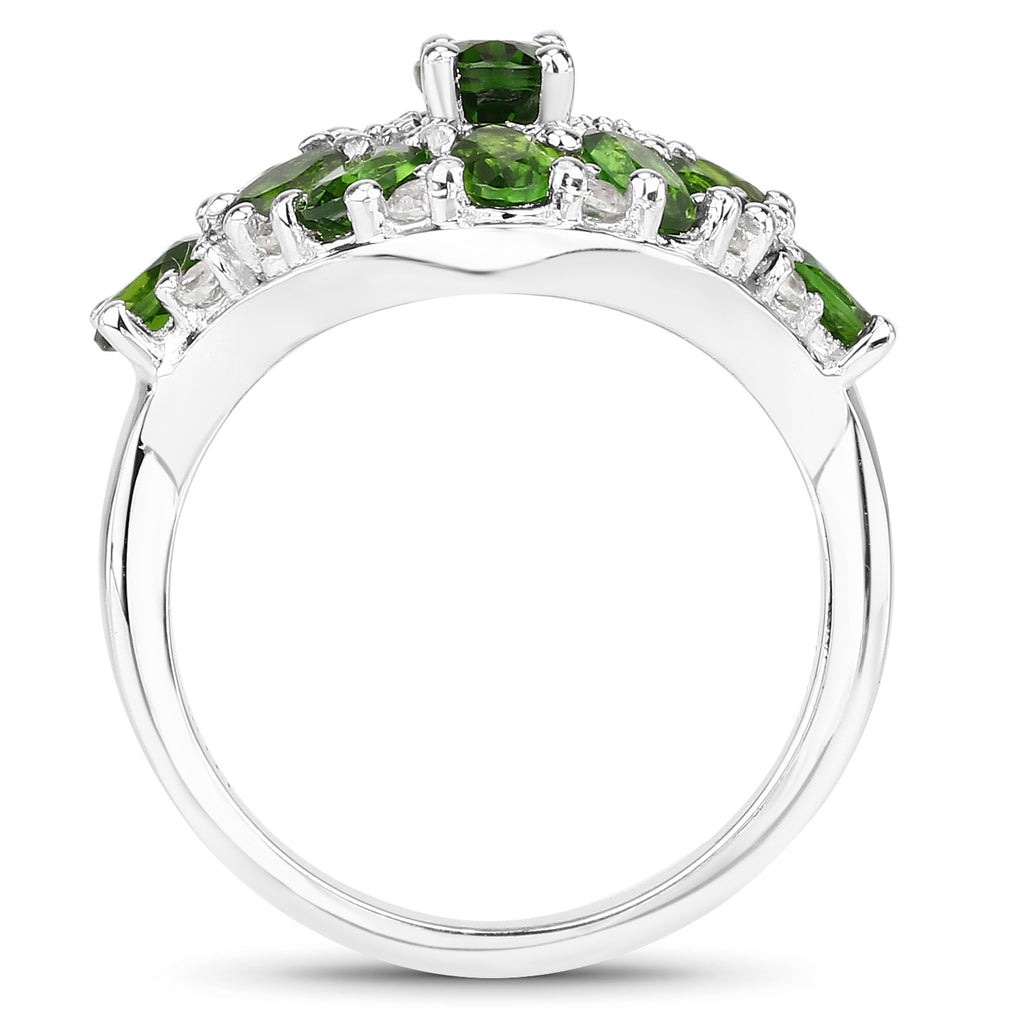 Chrome Diopside Flower Ring With White Zircon 2.7 Carats Sterling Silver