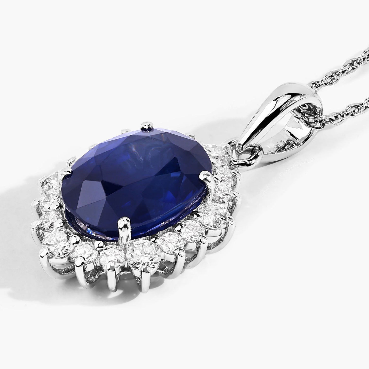 Blue Sapphire Pendant With Diamonds 3.18 Carats 18K White Gold