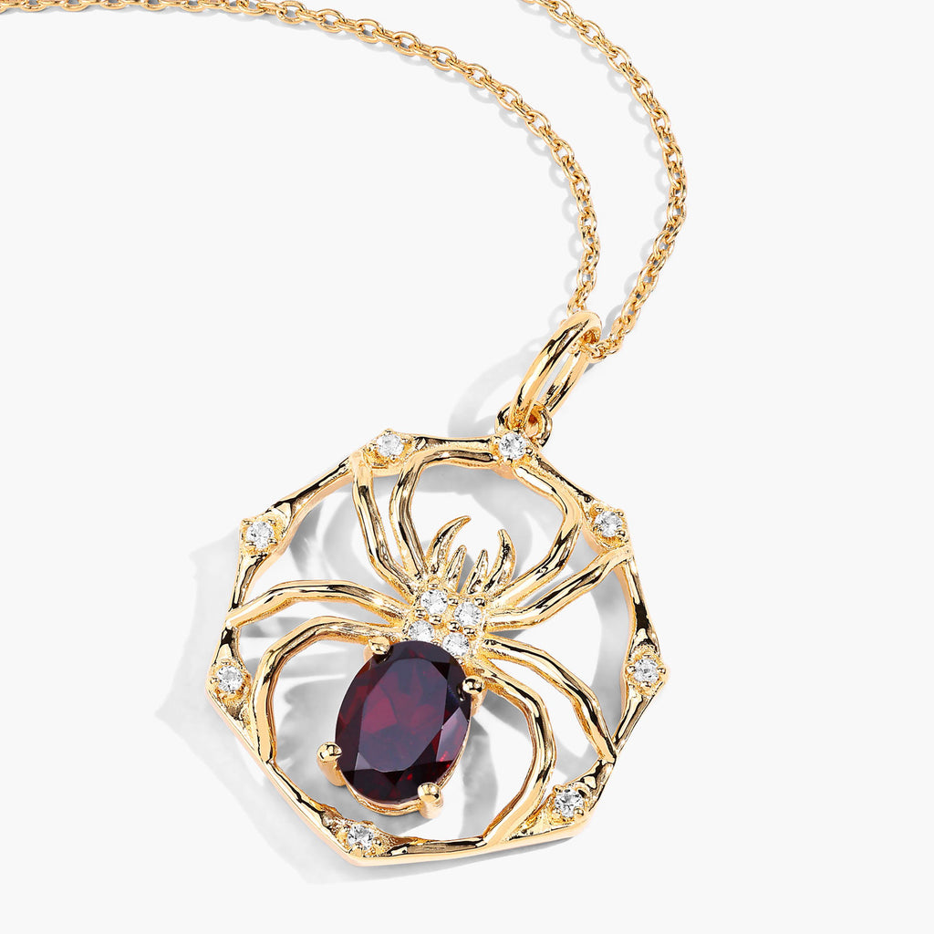 Garnet Spider Pendant With White Topaz 1.4 Carats Gold Plated Silver