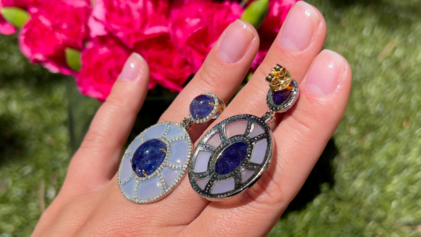 Tanzanite Earrings Set With Diamonds and Chalcedony 41 Carats Total
