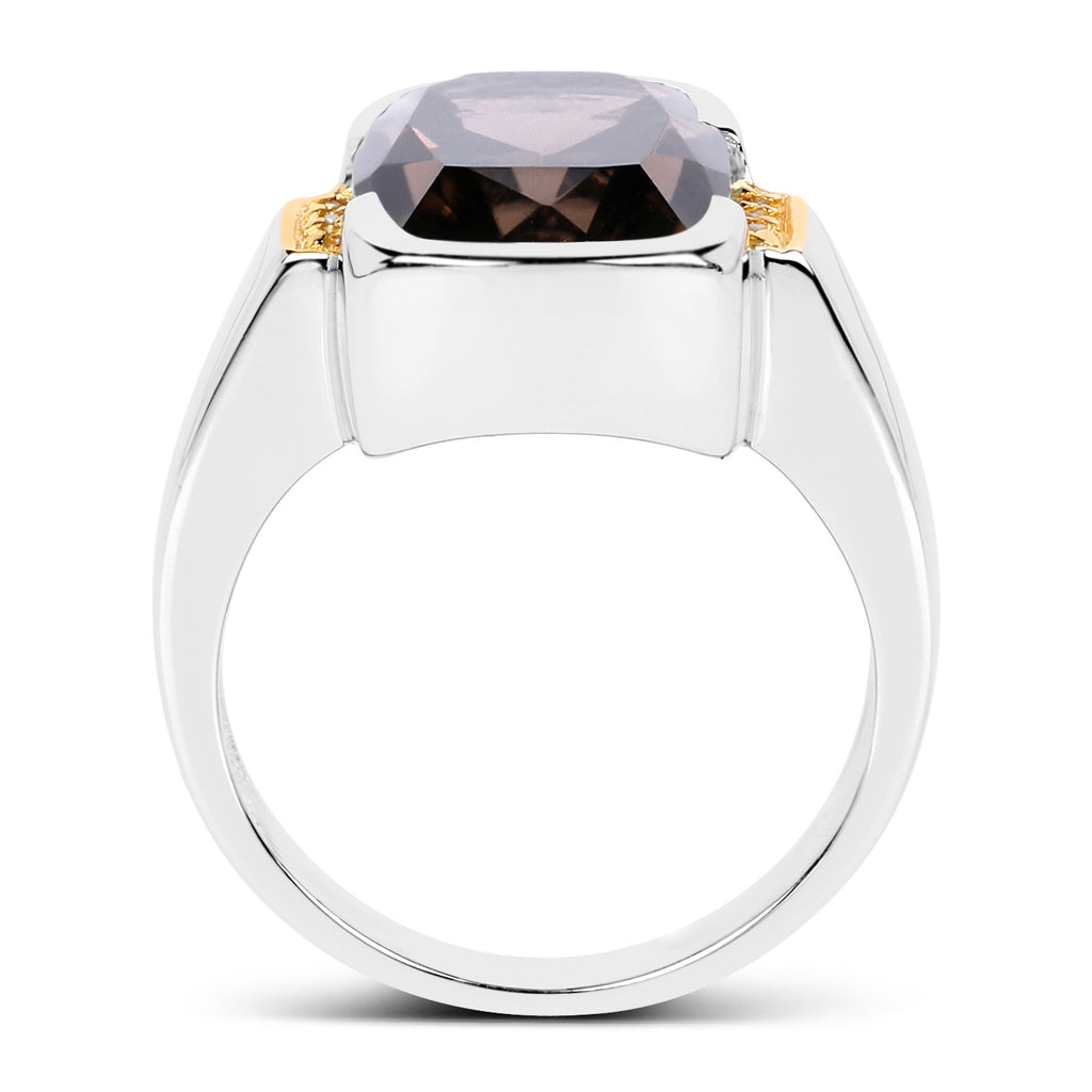 Smoky Quartz Ring With White Topaz 5.48 Carats Gold Plated Silver