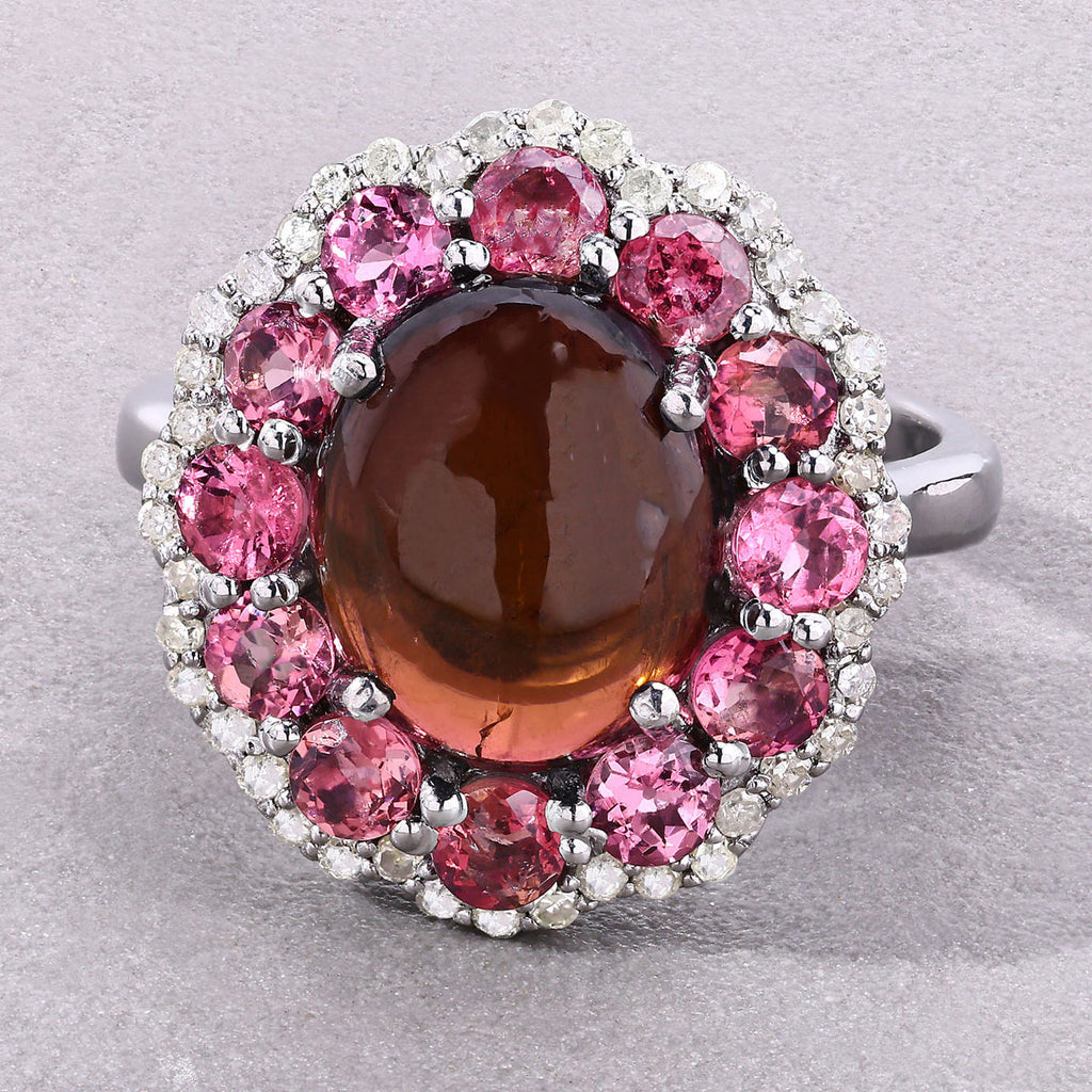 Multicolor Tourmaline Ring With Diamonds 5.72 Carats Sterling Silver