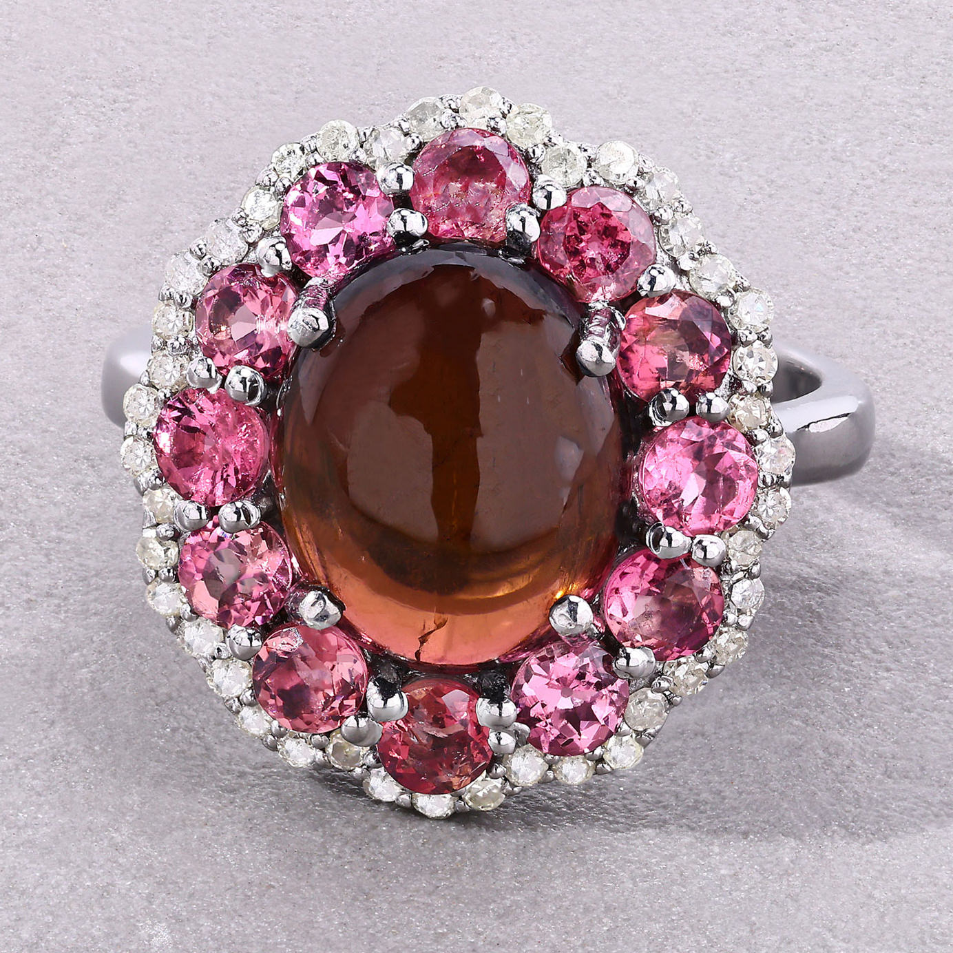 Multicolor Tourmaline Ring With Diamonds 5.72 Carats Sterling Silver