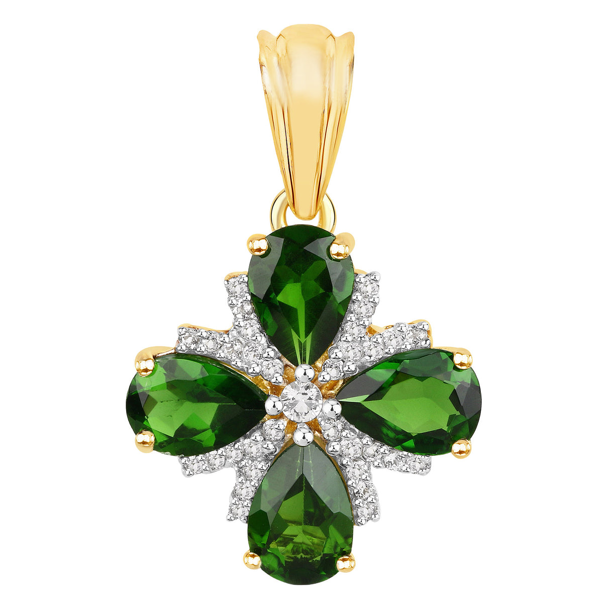Chrome Diopside Flower Pendant With White Topaz 2.62 Carats Gold Plated Silver