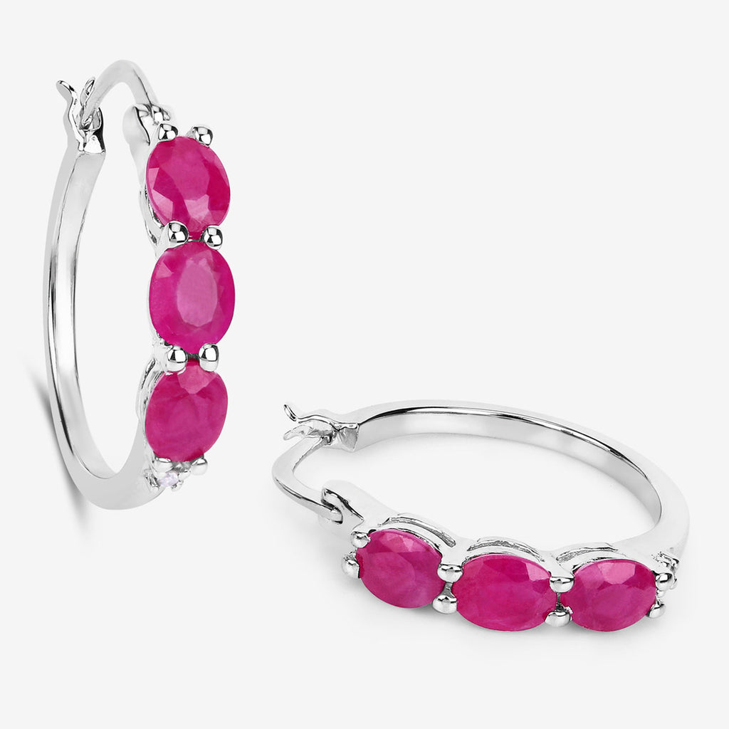 Natural Ruby Hoop Earrings With Diamonds 1.79 Carats Sterling Silver