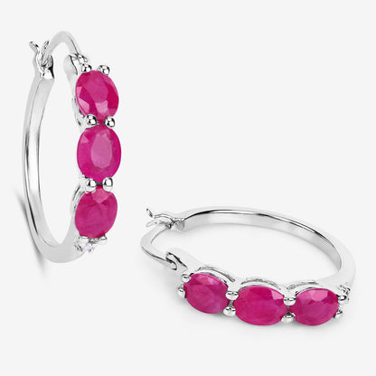 Natural Ruby Hoop Earrings With Diamonds 1.79 Carats Sterling Silver