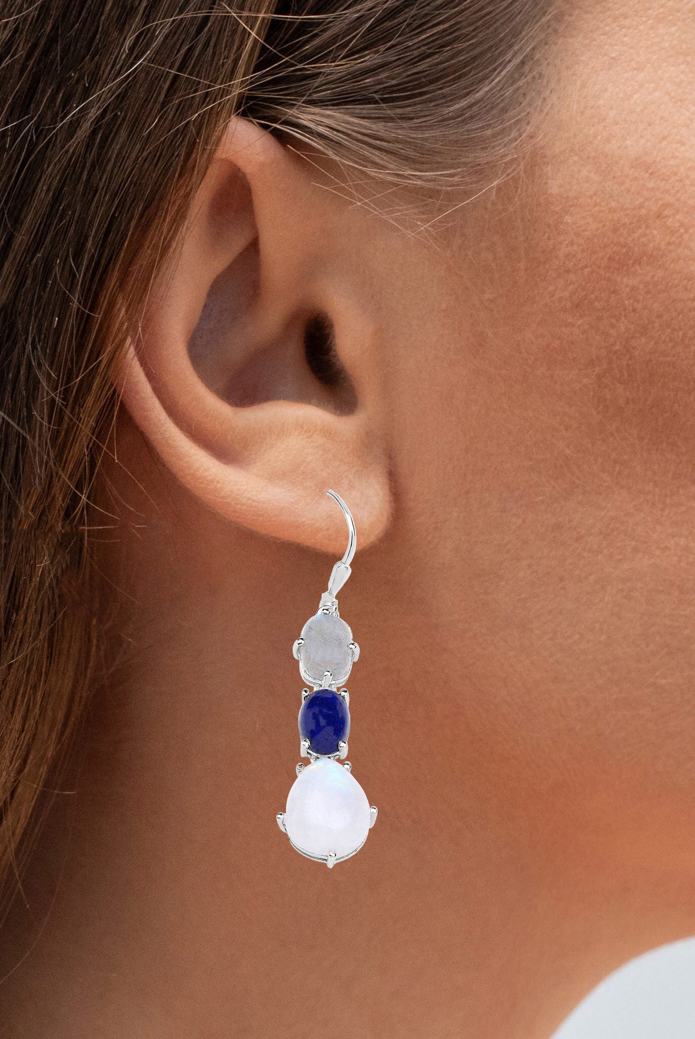 Lapis Lazuli Earrings Labradorite And Moonstone 10.1 Carats Sterling Silver