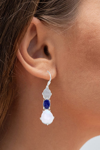 Lapis Lazuli Earrings Labradorite And Moonstone 10.1 Carats Sterling Silver