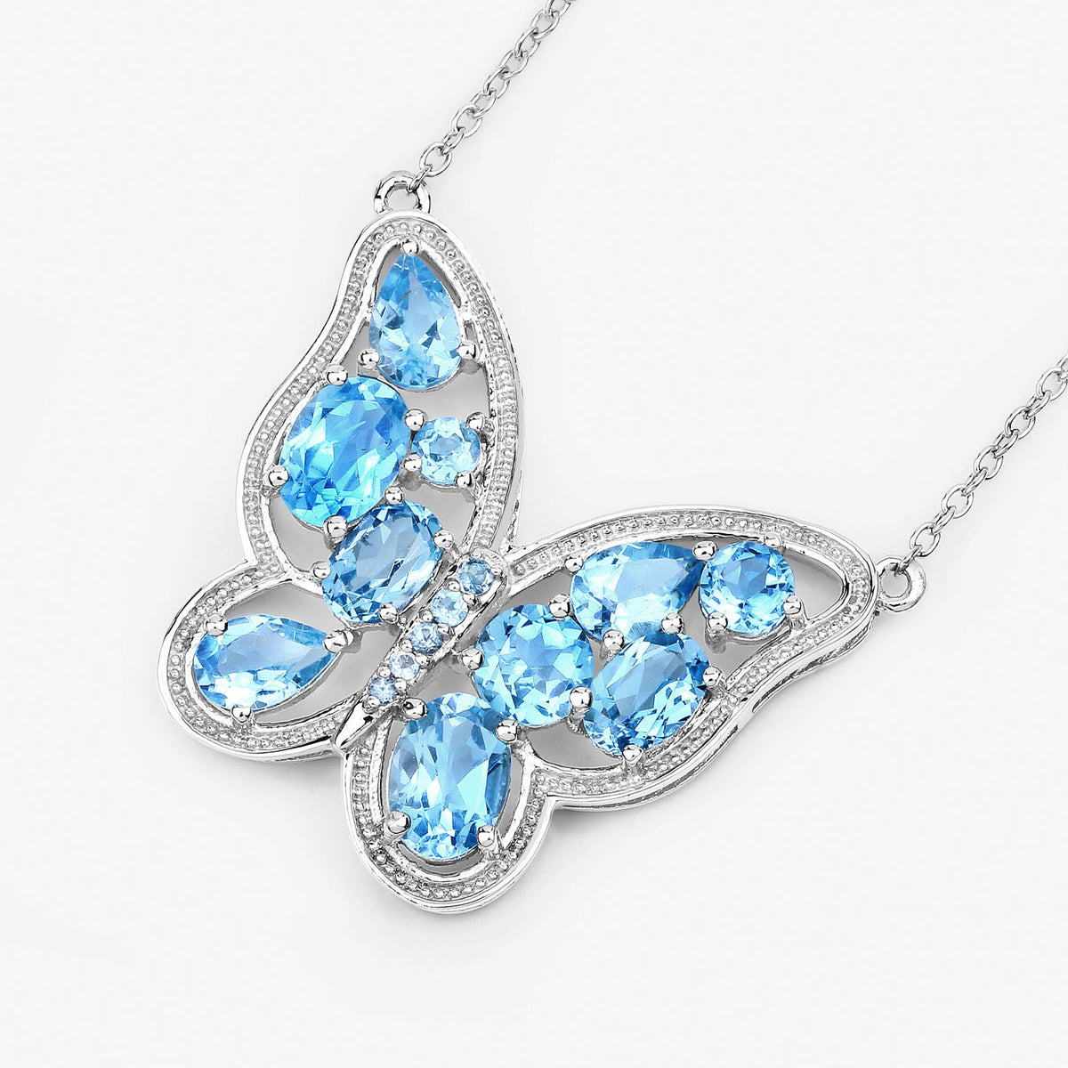 Swiss Blue Topaz Butterfly Necklace 5.4 Carats Sterling Silver