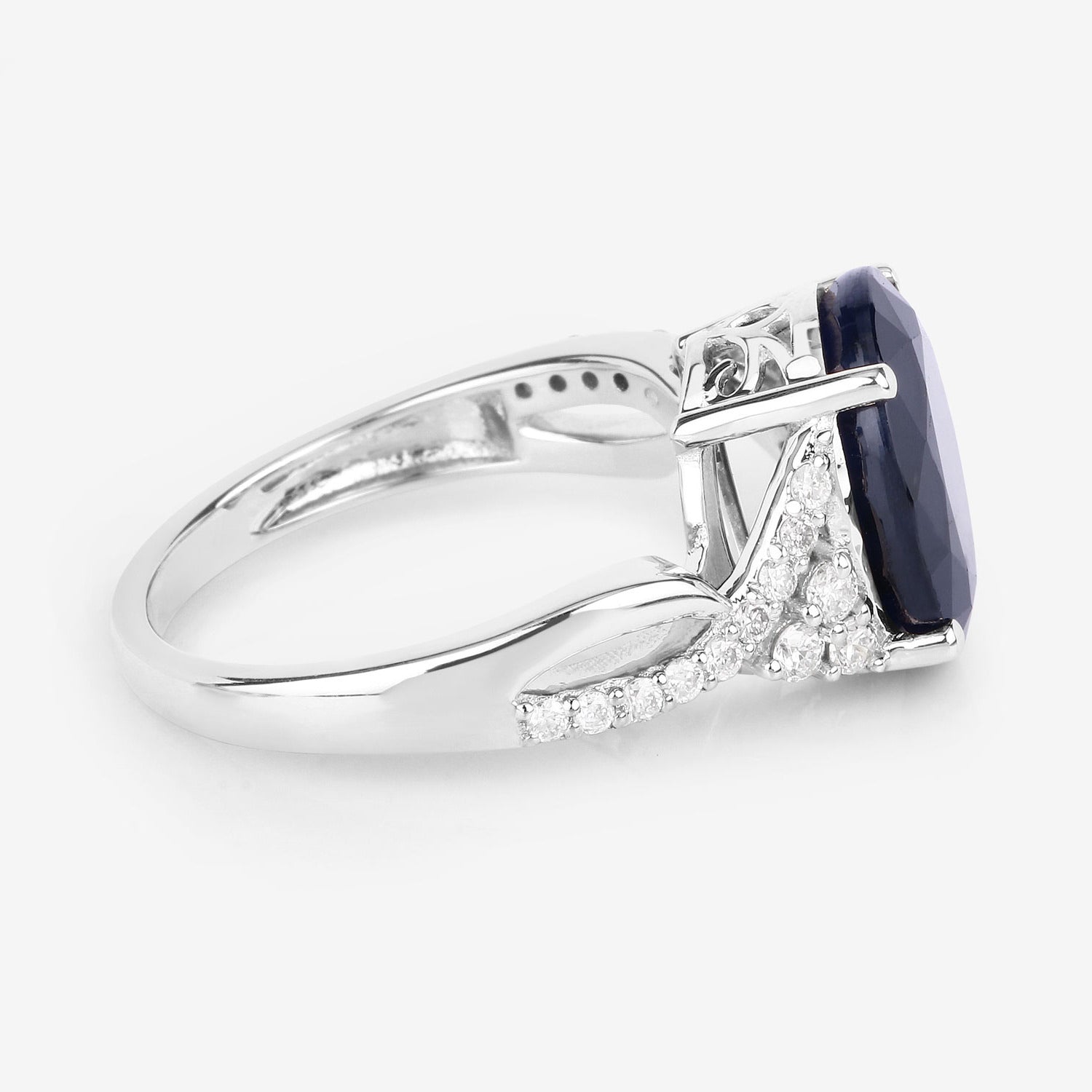 Blue Sapphire Ring With Diamonds 6.5 Carats 14K White Gold