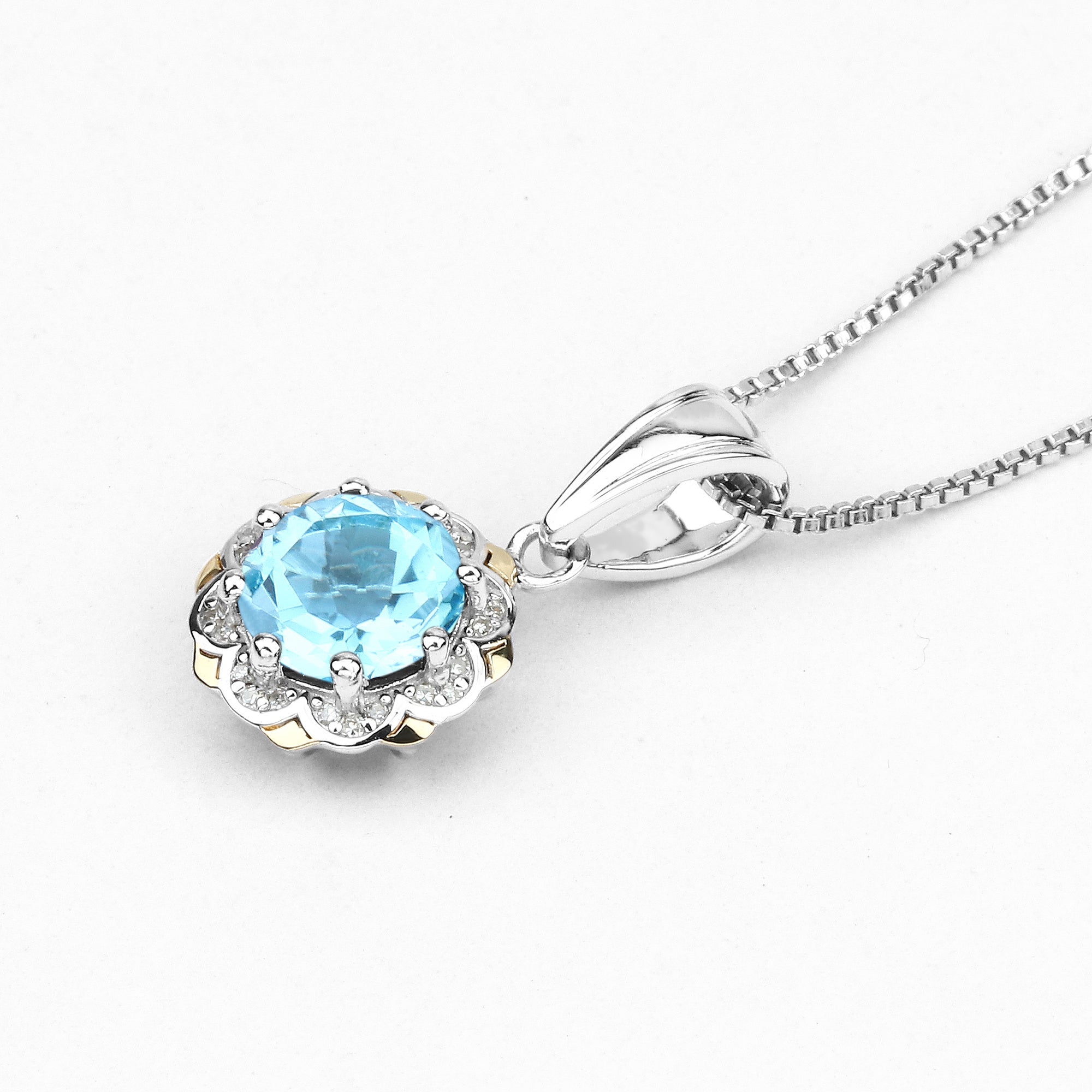 Swiss Blue Topaz Pendant With Diamonds 2.3 Carats 14K Gold and Sterling Silver