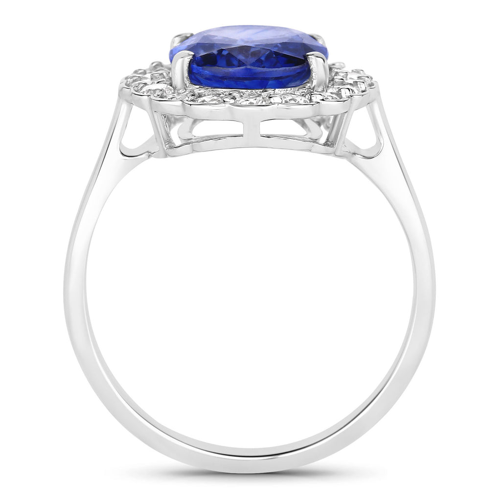 Blue Sapphire Ring With Diamonds 4.06 Carats 18K White Gold