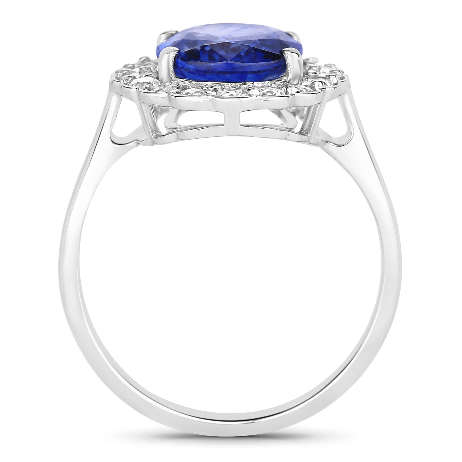 Blue Sapphire Ring With Diamonds 4.06 Carats 18K White Gold