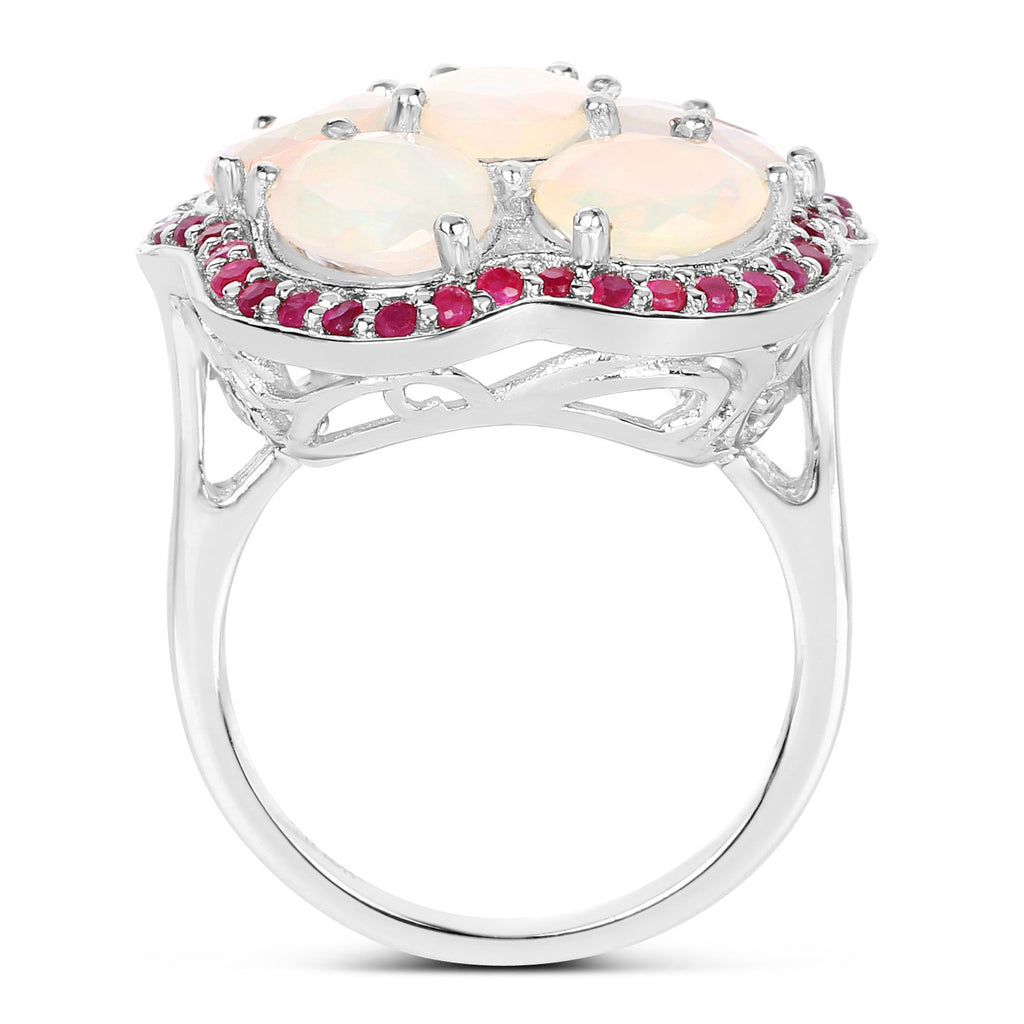 Ethiopian Opal Flower Ring With Ruby 4.62 Carats Sterling Silver